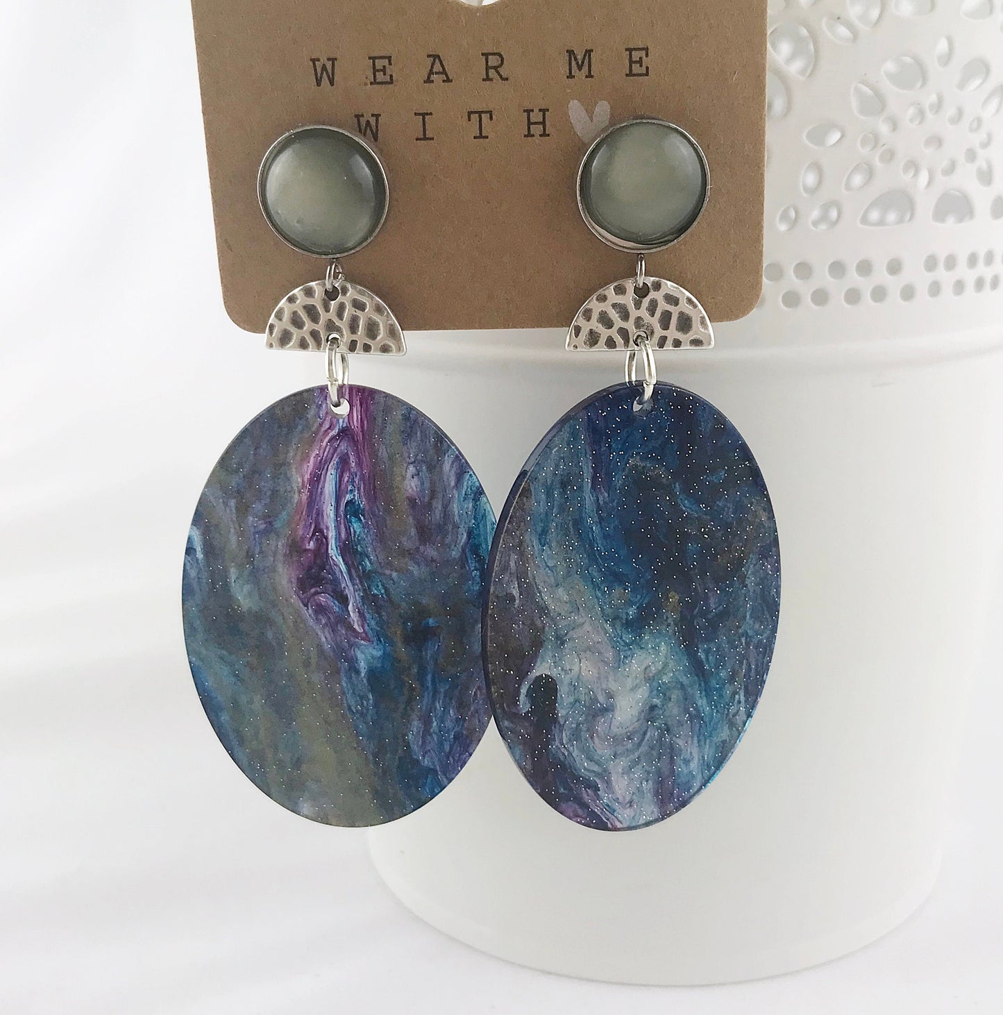 Boho Statement Earrings - Silver Dangle Drop Earrings with Iridescent Green-Blue Resin | Ibiza Style Jewelry