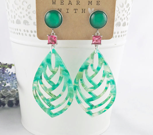 Emerald Green Boho Statement Earrings | Silver Dangle | Pink Crystal Accents | Ibiza Style Jewelry