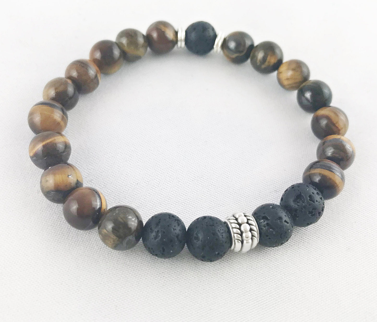 Men's Tiger Eye and Lava Beaded Bracelet | Boho Style Silver Accents | Elastic Stretch