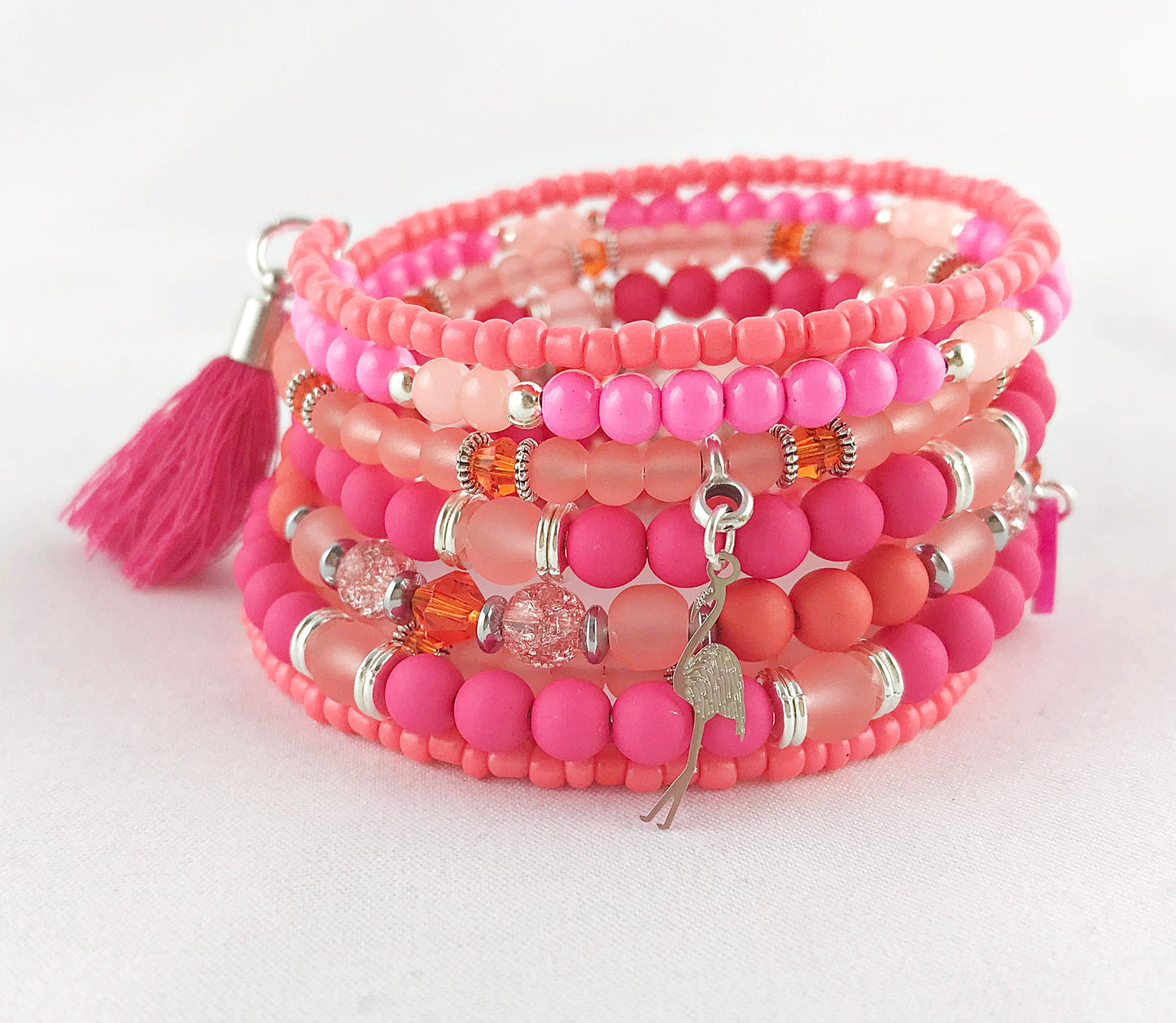 Boho Wrap Bracelet TROPICAL BEACH | Charm Bangle | Pink Orange Coral Silver Beaded Cuff