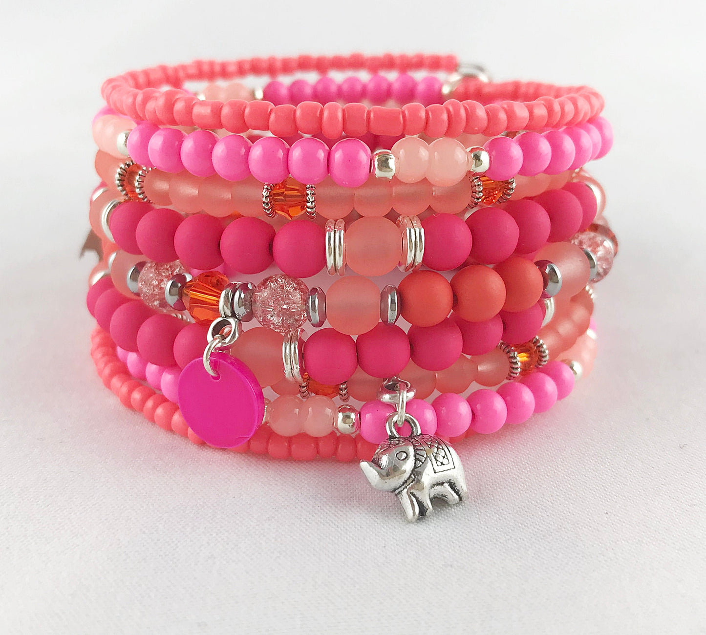 Boho Wrap Bracelet TROPICAL BEACH | Charm Bangle | Pink Orange Coral Silver Beaded Cuff