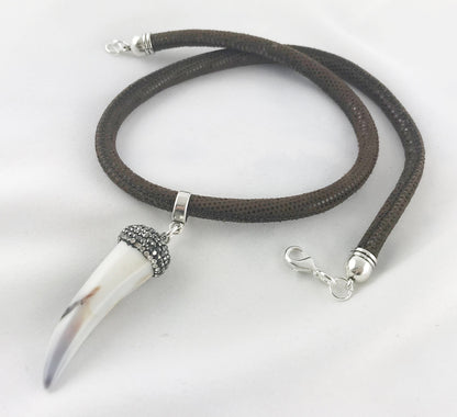 Boho White Horn Leather Necklace | Unisex Ibiza Style Pendant | Hippie Jewelry