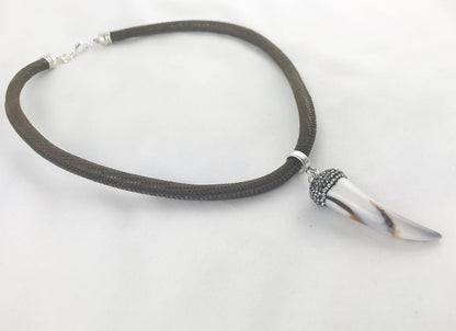 Boho White Horn Leather Necklace | Unisex Ibiza Style Pendant | Hippie Jewelry