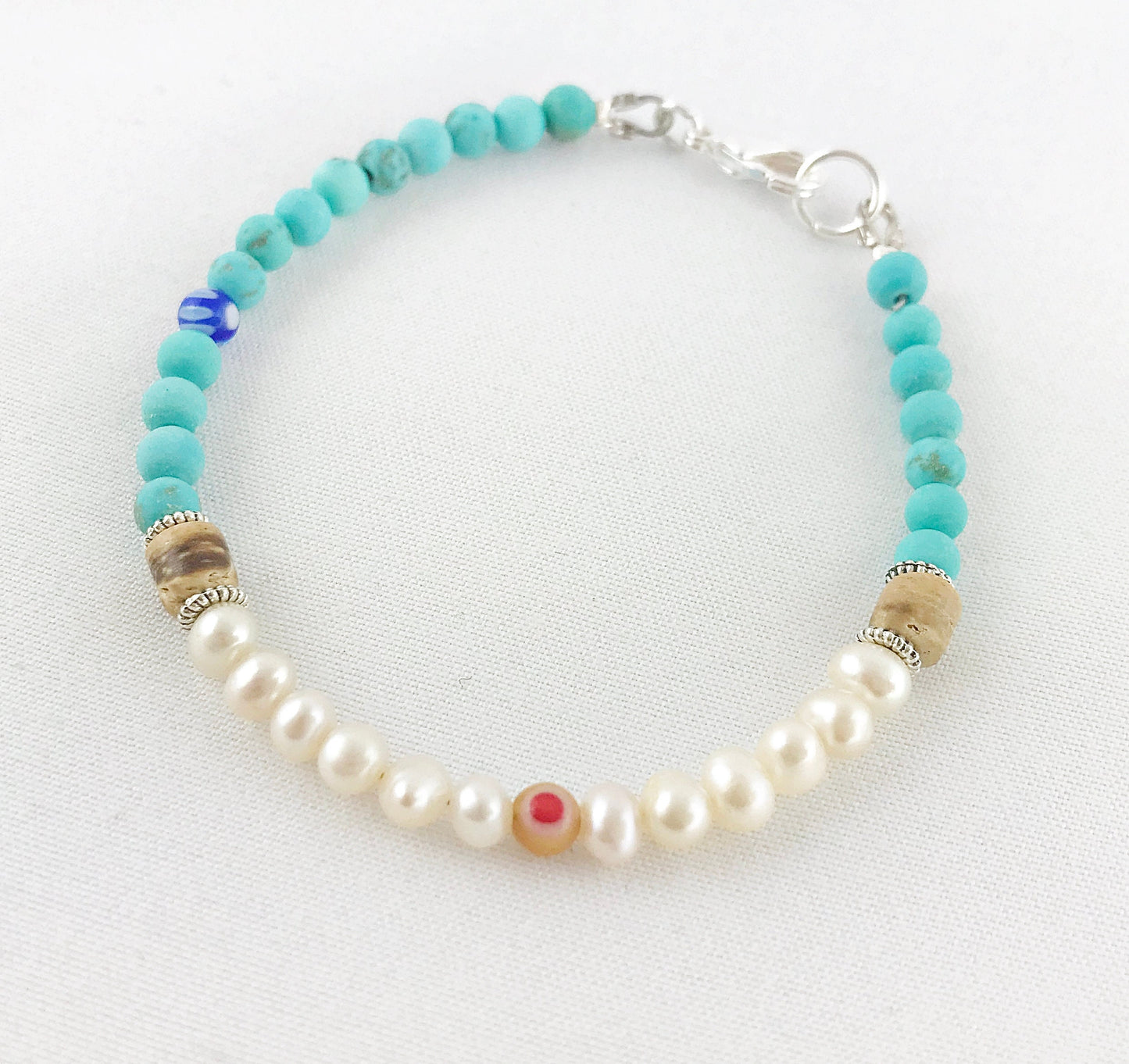 Boho Silver Pearl Bracelet | Freshwater Pearls with Turquoise & Millefiori | Handmade Ibiza Style Jewelry for Women