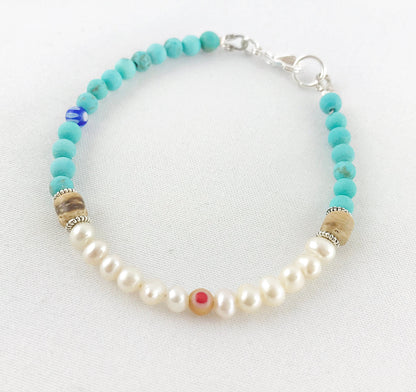 Boho Silver Pearl Bracelet | Freshwater Pearls with Turquoise & Millefiori | Handmade Ibiza Style Jewelry for Women