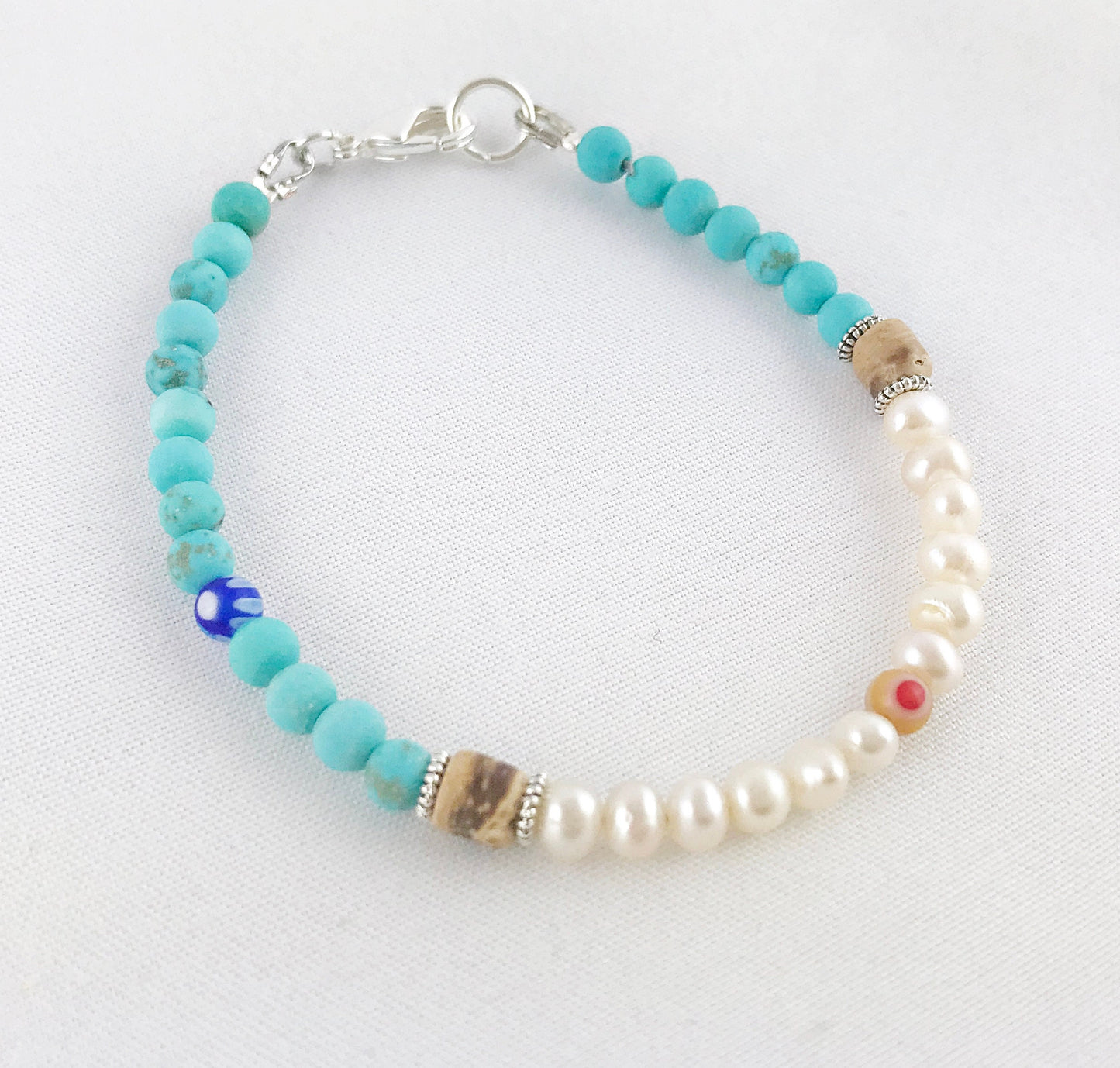 Boho Silver Pearl Bracelet | Freshwater Pearls with Turquoise & Millefiori | Handmade Ibiza Style Jewelry for Women