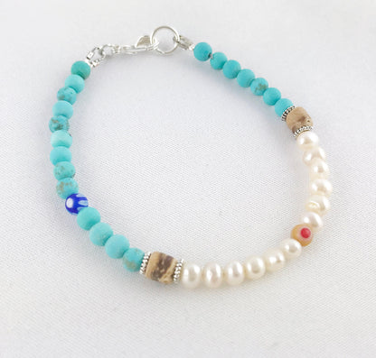 Boho Silver Pearl Bracelet | Freshwater Pearls with Turquoise & Millefiori | Handmade Ibiza Style Jewelry for Women