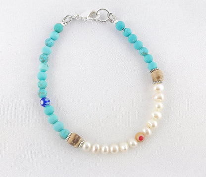 Boho Silver Pearl Bracelet | Freshwater Pearls with Turquoise & Millefiori | Handmade Ibiza Style Jewelry for Women