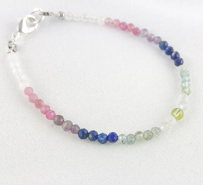 Minou Gemstone Gradient Bracelet | Boho Style Silver Beaded Jewelry | Tourmaline, Rose Quartz, Lapis Lazuli