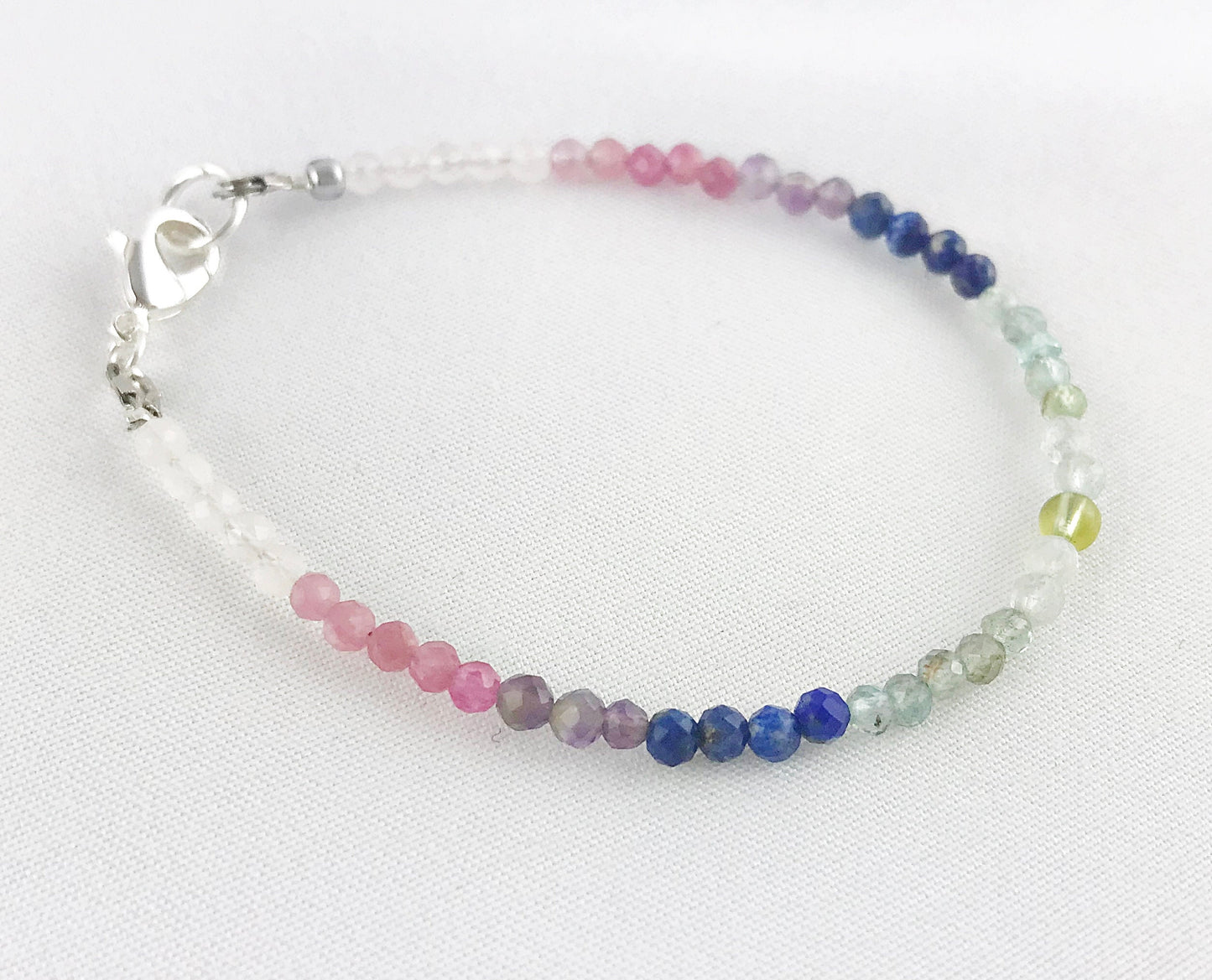 Minou Gemstone Gradient Bracelet | Boho Style Silver Beaded Jewelry | Tourmaline, Rose Quartz, Lapis Lazuli