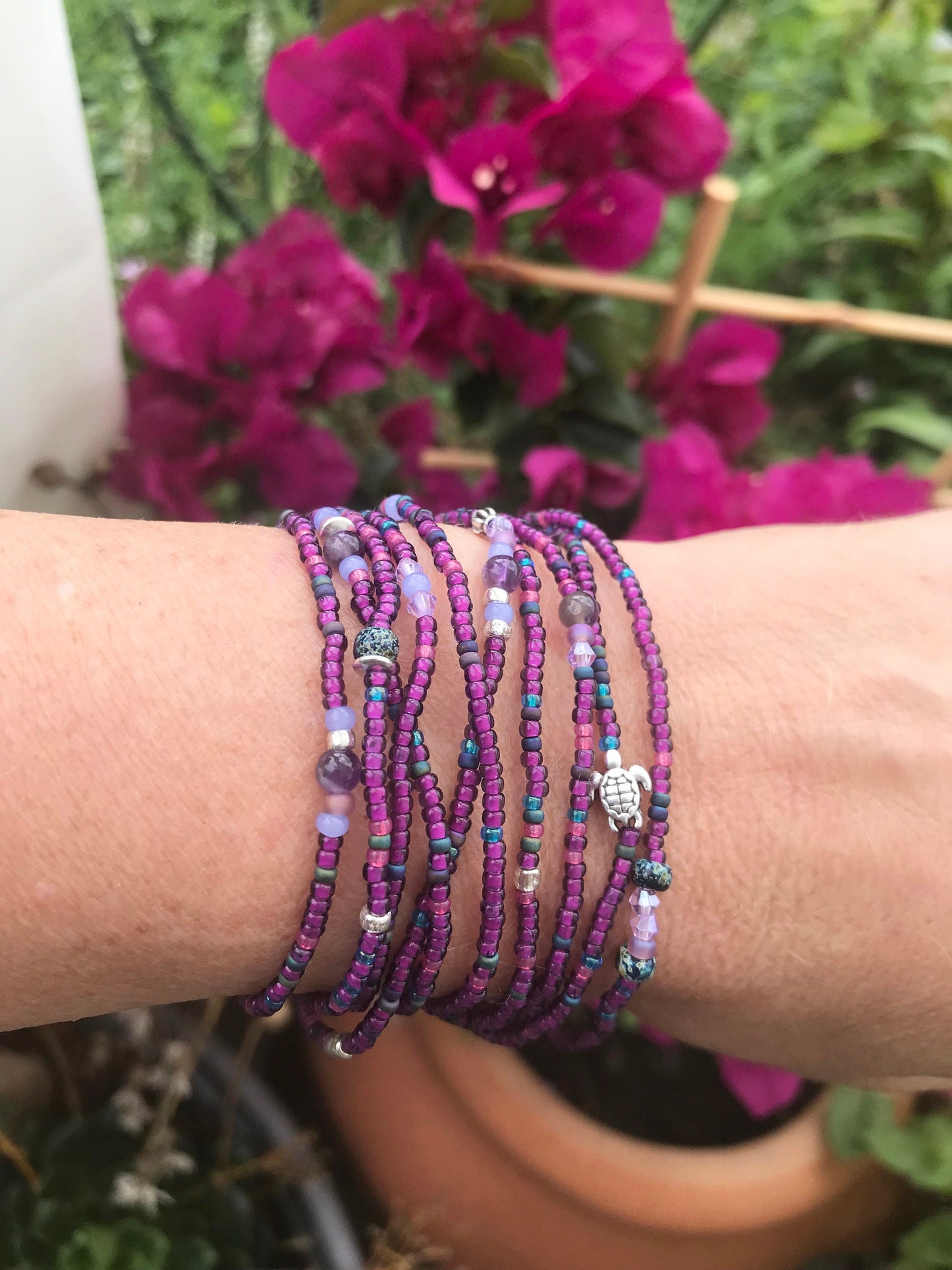 Purple Turtle Boho Wrap Bracelet | Silver Amethyst Beaded Jewelry | Bohemian Multi-Wrap Bracelet for Women