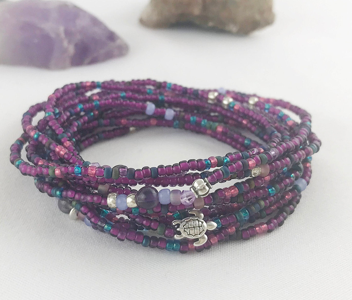 Purple Turtle Boho Wrap Bracelet | Silver Amethyst Beaded Jewelry | Bohemian Multi-Wrap Bracelet for Women