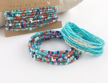 Turquoise Boho Wrap Bracelet | Beaded Ibiza Style Jewelry for Women | Multi-Functional Elastic Strand