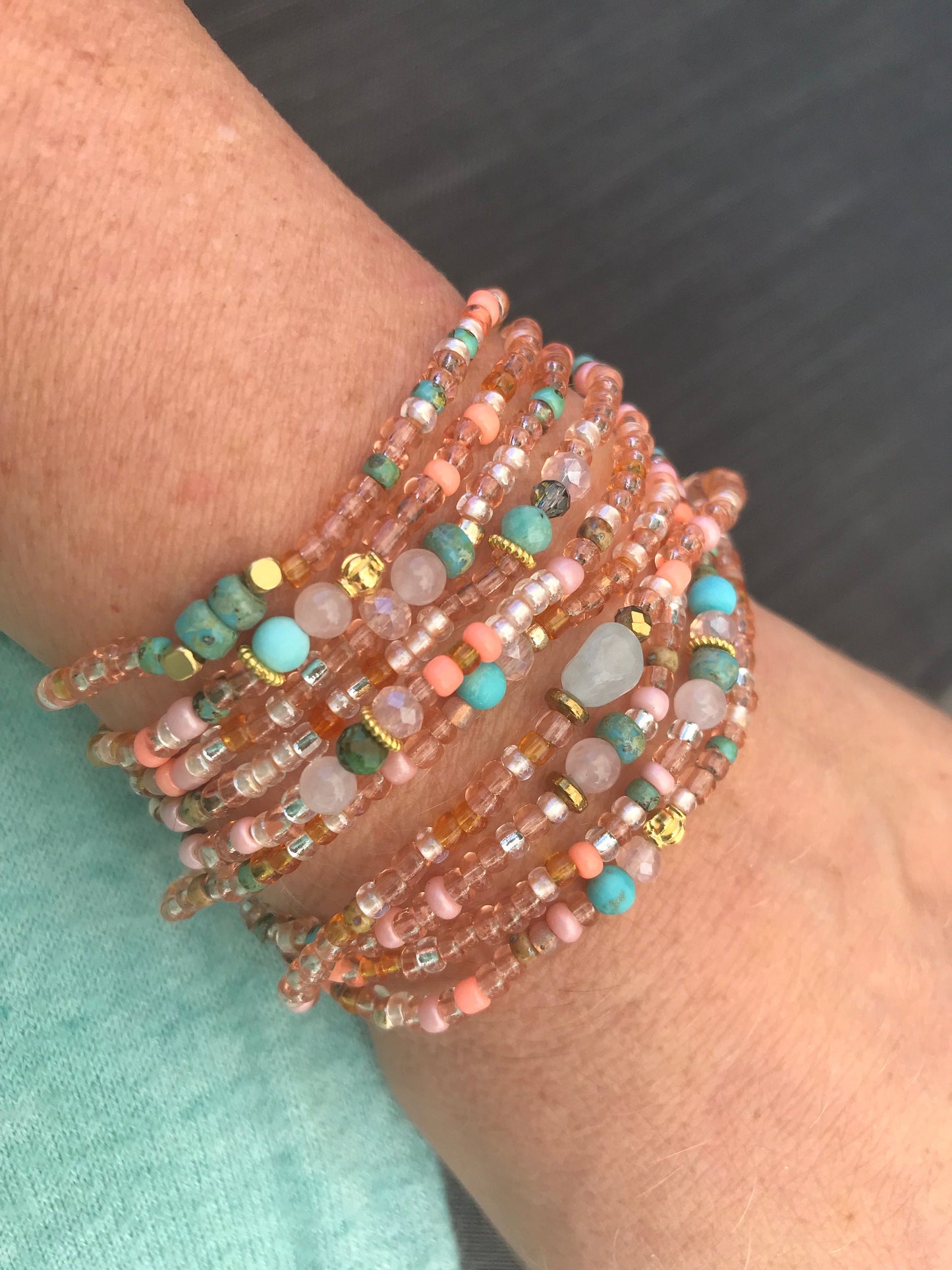 Boho Wrap Bracelet VALENCIA | Gold Aquamarine Turquoise Beaded Jewelry | Ibiza Style Women's Bohemian Accessory