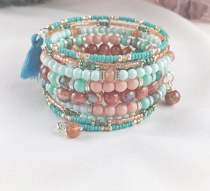 Boho Wrap Bracelet with Charms | Turquoise, Pink, Silver Beaded Cuff | Ibiza Style Jewelry