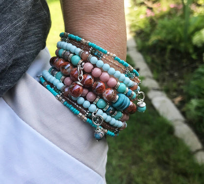 Boho Wrap Bracelet with Charms | Turquoise, Pink, Silver Beaded Cuff | Ibiza Style Jewelry