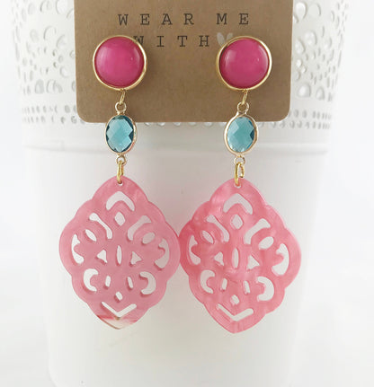 Boho Statement Earrings - Turquoise Pink Gold | Ibiza-Style Dangle Earrings | Resin & Crystal