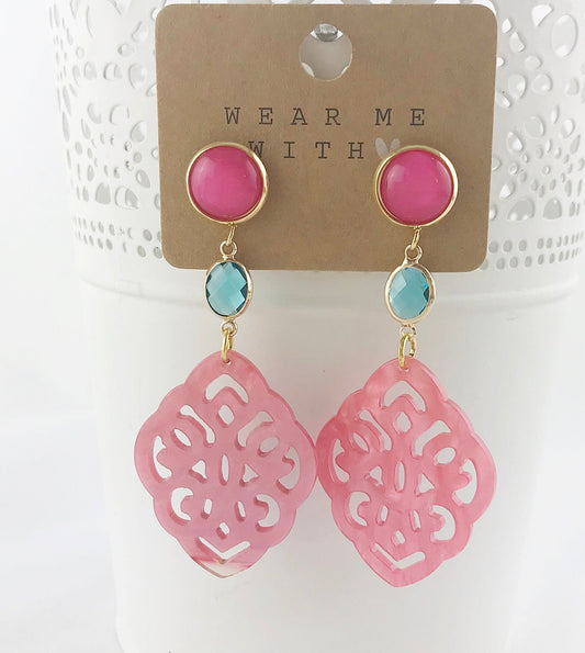 Boho Statement Earrings - Turquoise Pink Gold | Ibiza-Style Dangle Earrings | Resin & Crystal