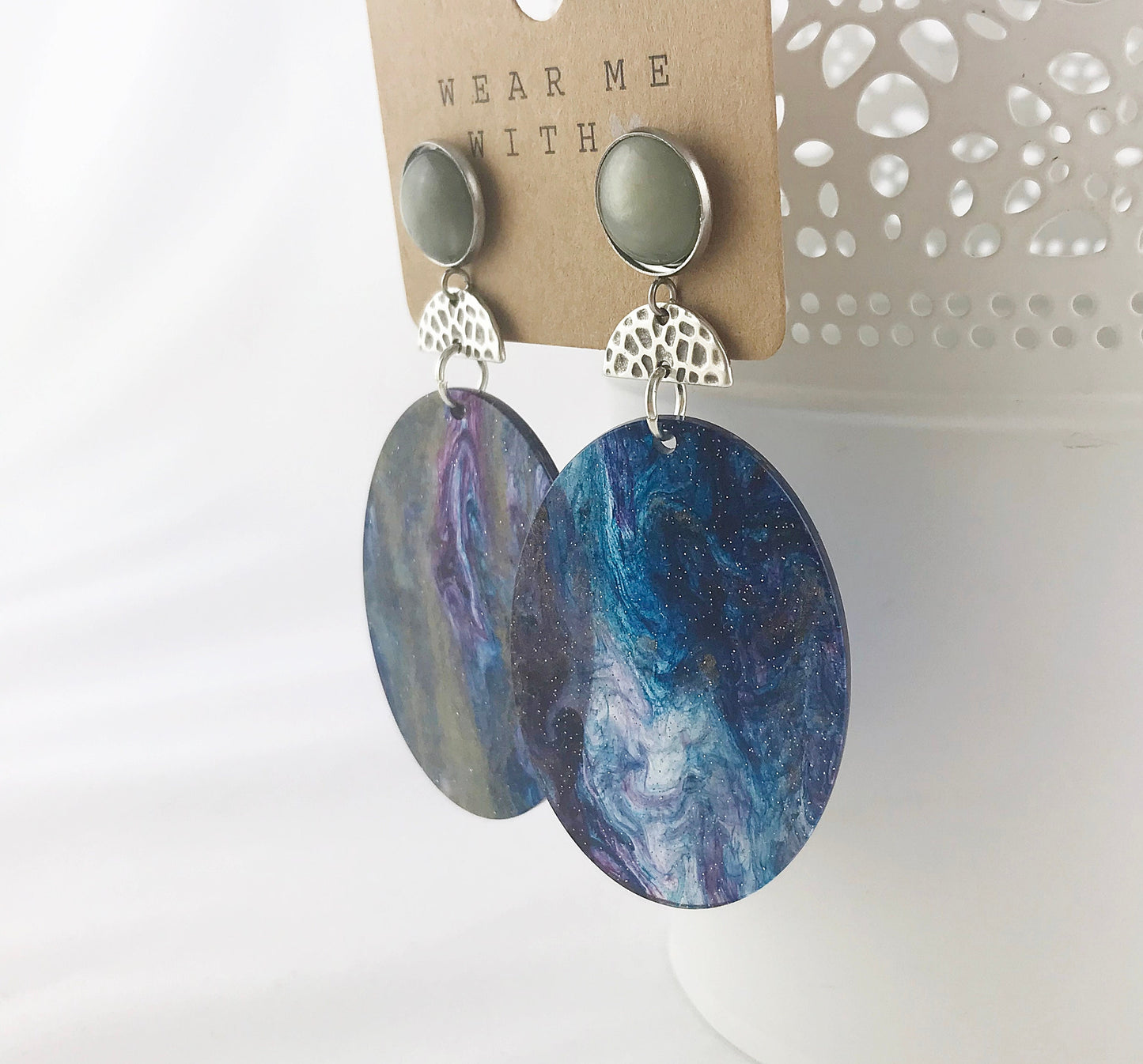 Boho Statement Earrings - Silver Dangle Drop Earrings with Iridescent Green-Blue Resin | Ibiza Style Jewelry