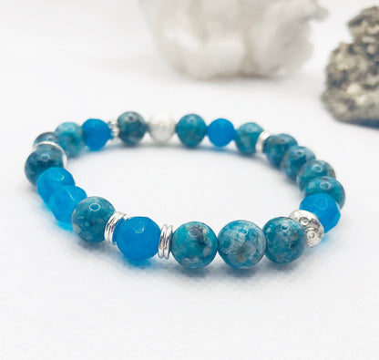 Turquoise Jade Beaded Bracelet | Silver-Plated Boho Gemstone Jewelry for Women | Elastic 18cm Handmade Accessory