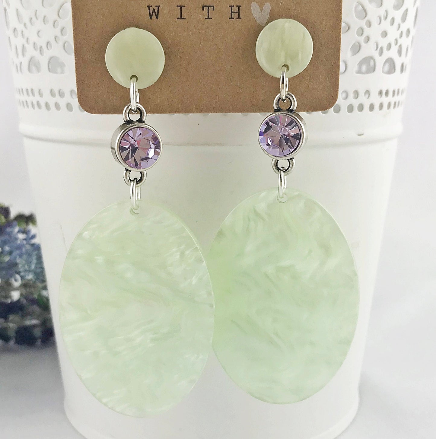 Silver Boho Statement Earrings | Hanging Green Lavender Crystals | Ibiza-Inspired Jewelry