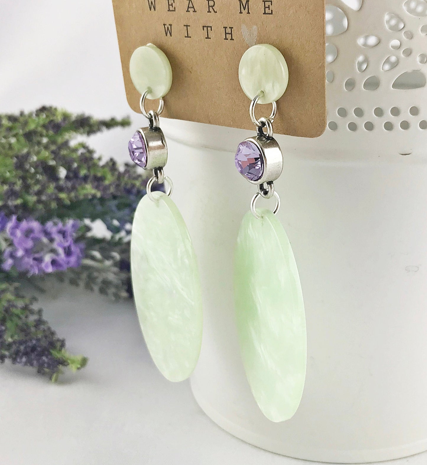 Silver Boho Statement Earrings | Hanging Green Lavender Crystals | Ibiza-Inspired Jewelry