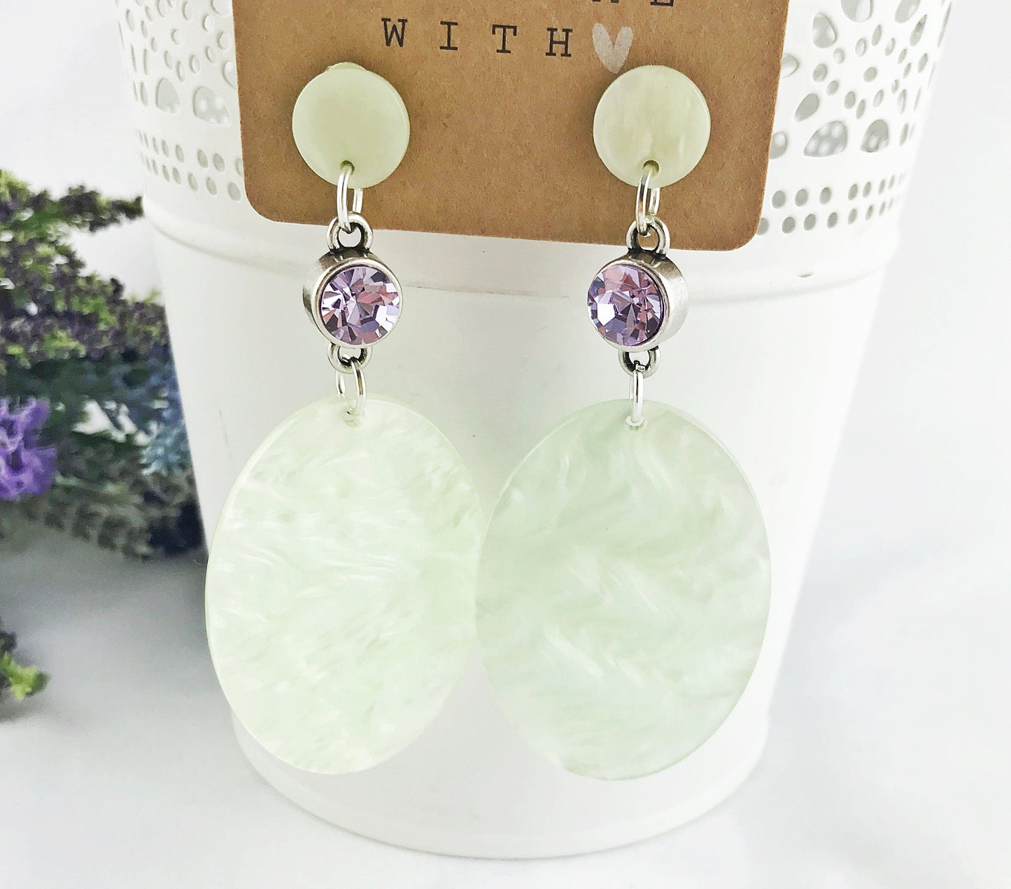 Silver Boho Statement Earrings | Hanging Green Lavender Crystals | Ibiza-Inspired Jewelry