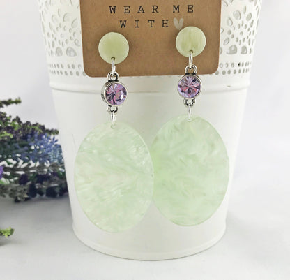 Silver Boho Statement Earrings | Hanging Green Lavender Crystals | Ibiza-Inspired Jewelry