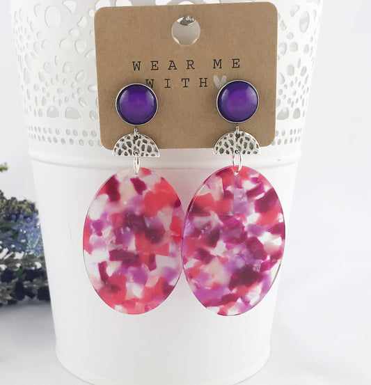 Boho Statement Earrings: Purple & Pink Silver Dangle | Ibiza-Inspired Handmade Resin Jewelry