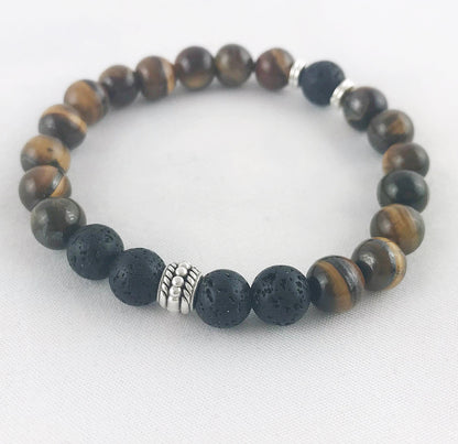 Men's Tiger Eye and Lava Beaded Bracelet | Boho Style Silver Accents | Elastic Stretch