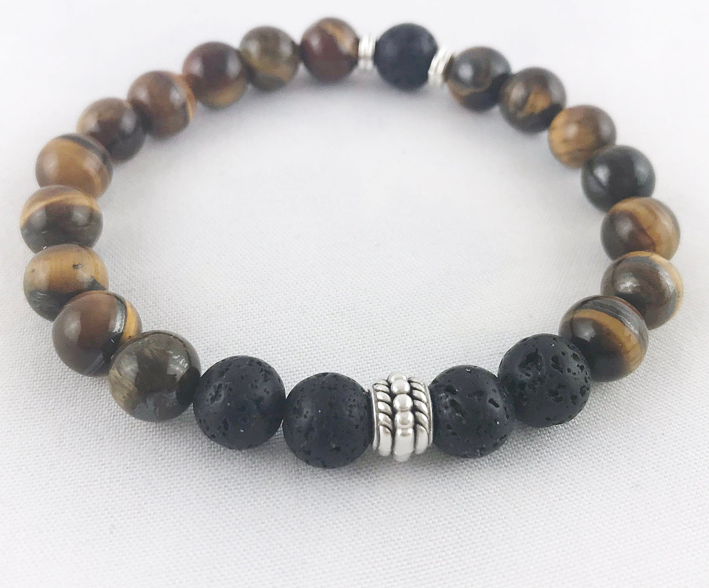 Men's Tiger Eye and Lava Beaded Bracelet | Boho Style Silver Accents | Elastic Stretch