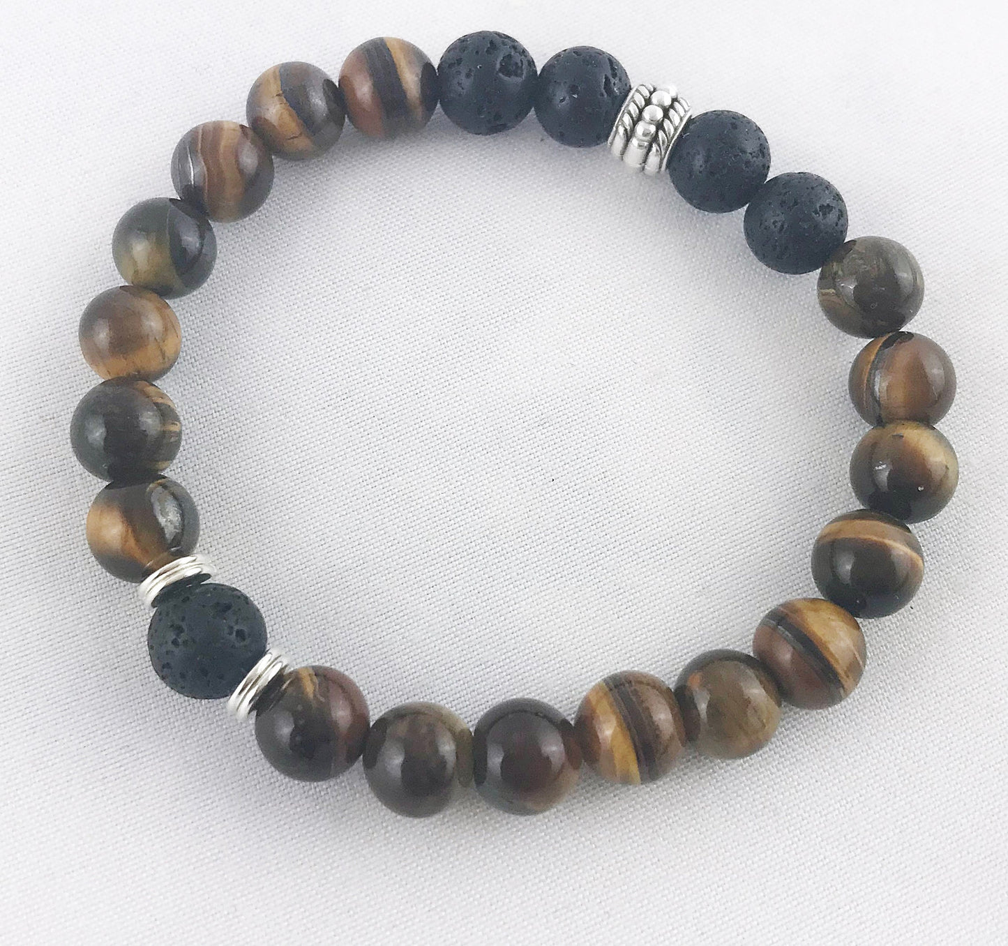 Men's Tiger Eye and Lava Beaded Bracelet | Boho Style Silver Accents | Elastic Stretch