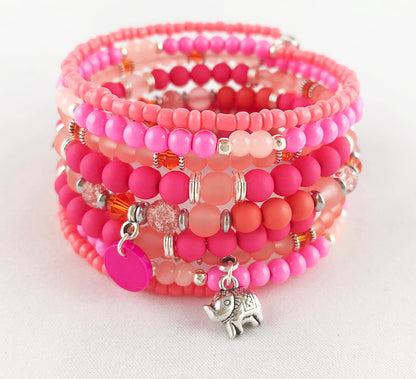 Boho Wrap Bracelet TROPICAL BEACH | Charm Bangle | Pink Orange Coral Silver Beaded Cuff