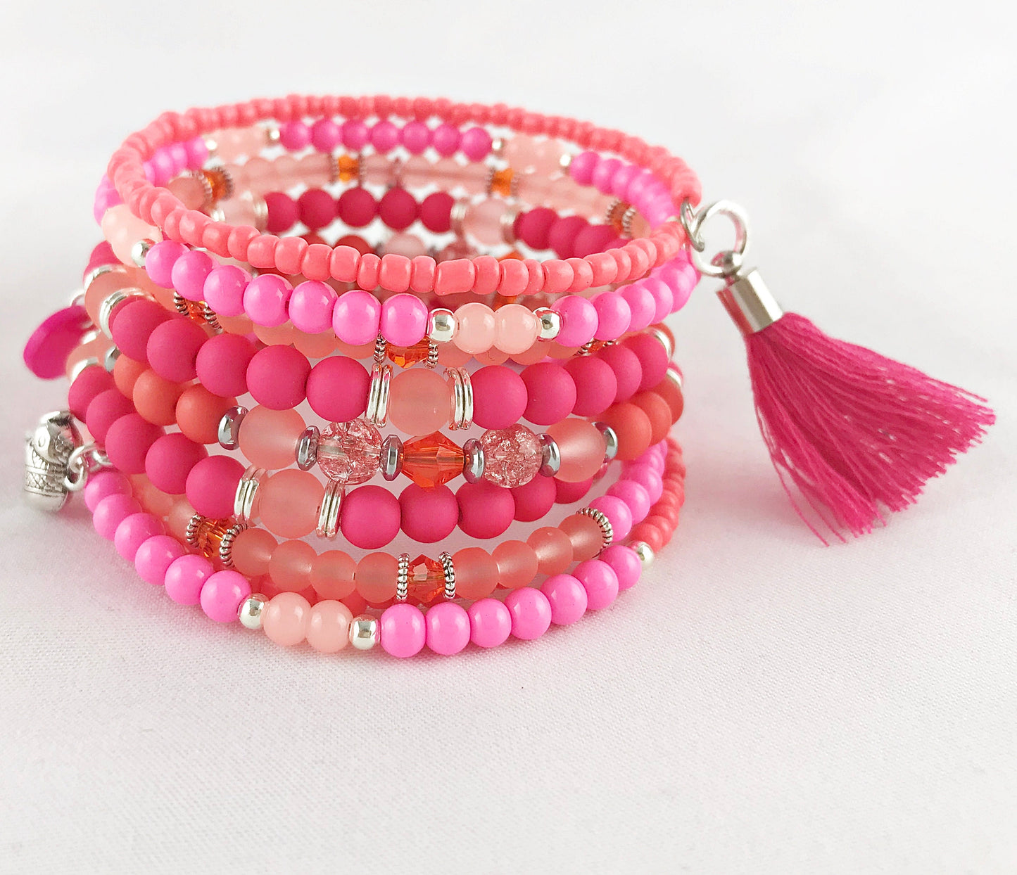 Boho Wrap Bracelet TROPICAL BEACH | Charm Bangle | Pink Orange Coral Silver Beaded Cuff