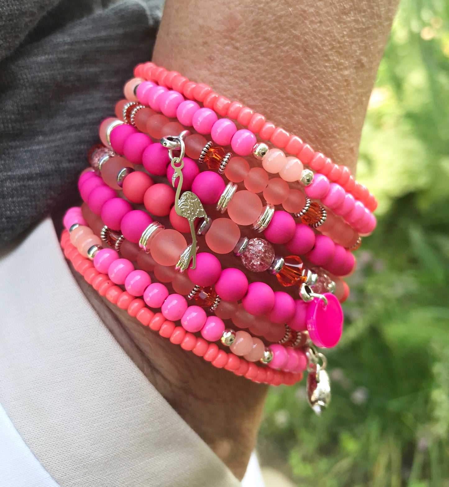 Boho Wrap Bracelet TROPICAL BEACH | Charm Bangle | Pink Orange Coral Silver Beaded Cuff