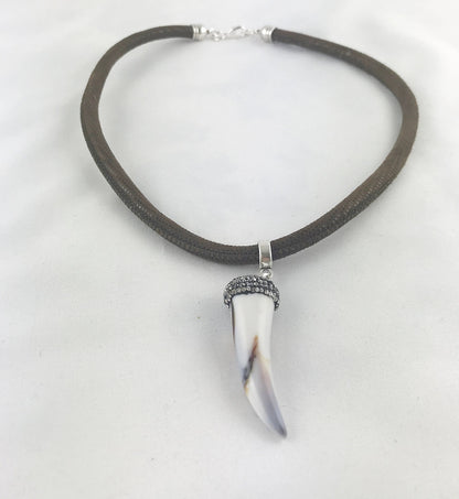 Boho White Horn Leather Necklace | Unisex Ibiza Style Pendant | Hippie Jewelry