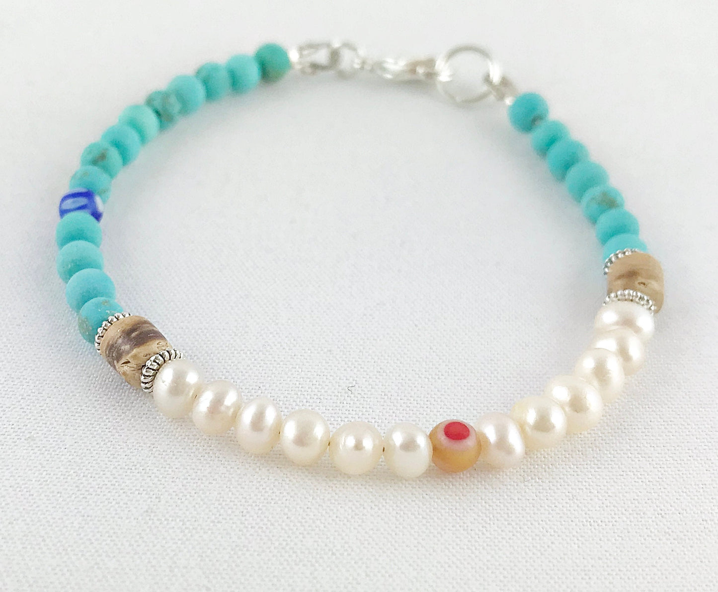 Boho Silver Pearl Bracelet | Freshwater Pearls with Turquoise & Millefiori | Handmade Ibiza Style Jewelry for Women