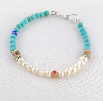 Boho Silver Pearl Bracelet | Freshwater Pearls with Turquoise & Millefiori | Handmade Ibiza Style Jewelry for Women