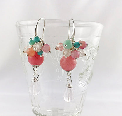 Silver Boho Dangle Earrings | TARA | Rose Quartz & Jade | Gemstone Drop Earrings