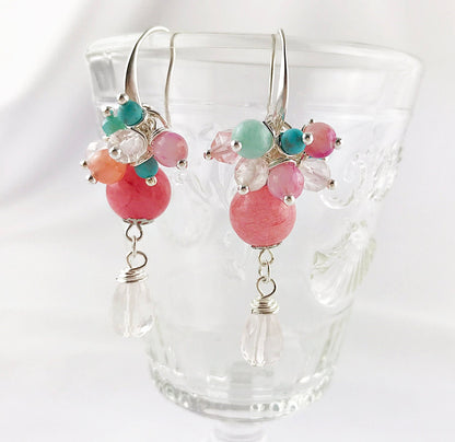 Silver Boho Dangle Earrings | TARA | Rose Quartz & Jade | Gemstone Drop Earrings