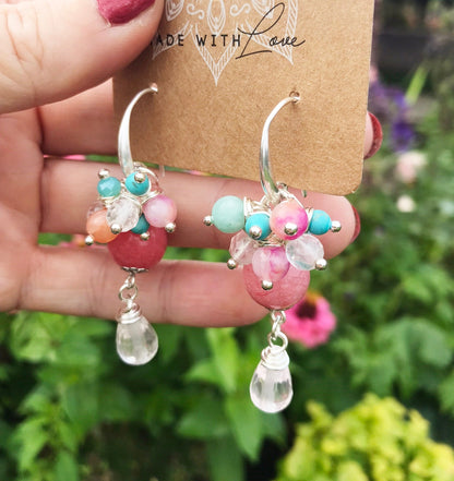 Silver Boho Dangle Earrings | TARA | Rose Quartz & Jade | Gemstone Drop Earrings