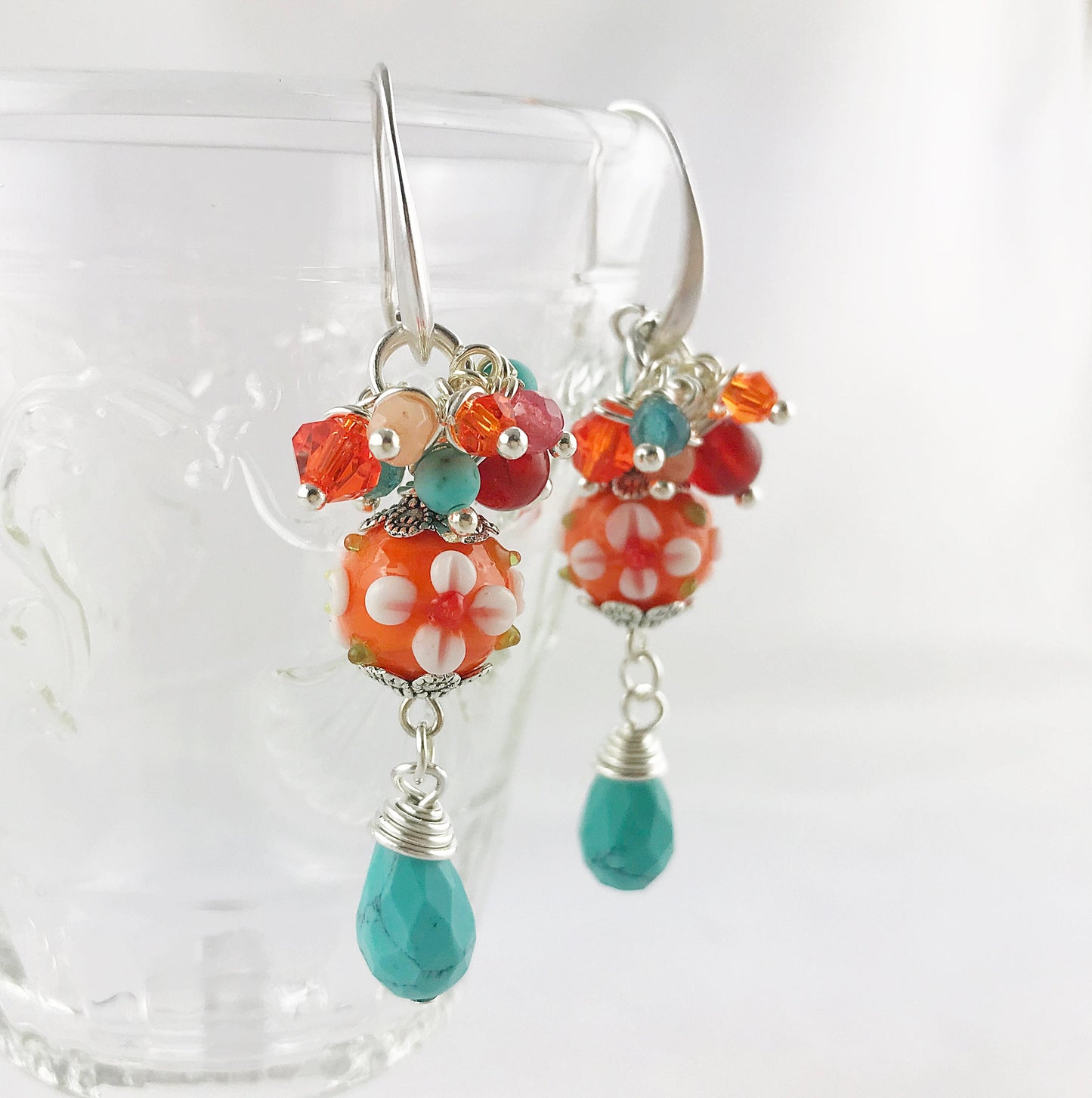 Juicy Orange Boho Gemstone Earrings | Silver Dangle Earrings with Carnelian & Turquoise