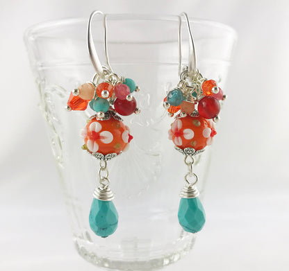 Juicy Orange Boho Gemstone Earrings | Silver Dangle Earrings with Carnelian & Turquoise