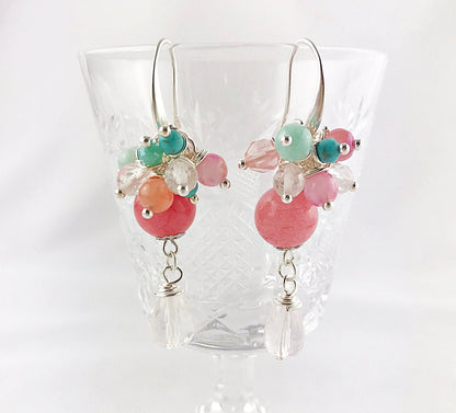 Silver Boho Dangle Earrings | TARA | Rose Quartz & Jade | Gemstone Drop Earrings