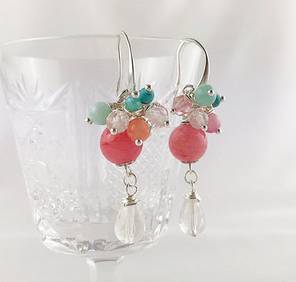 Silver Boho Dangle Earrings | TARA | Rose Quartz & Jade | Gemstone Drop Earrings