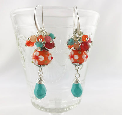 Juicy Orange Boho Gemstone Earrings | Silver Dangle Earrings with Carnelian & Turquoise