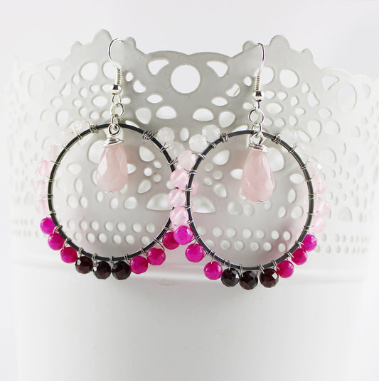 Delilah Pink Ombre Gemstone Drop Earrings | Boho Silver Dangle Hoops with Rose Quartz