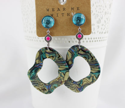 Boho Statement Earrings | Tortoiseshell Resin | Turquoise Pink Silver | Ibiza Style Dangle Earrings