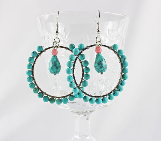 Boho Silver Turquoise Earrings | LILITH Gemstone Dangle Hoops | Handcrafted Bohemian Jewelry