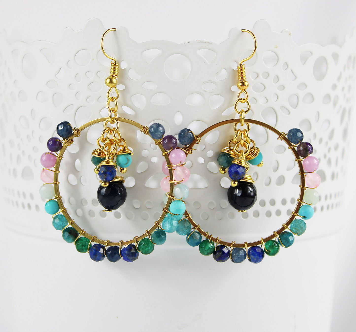 Rainbow Gemstone Boho Hoop Earrings | Gold-Plated | Multi-Color Gradient | Handcrafted Dangle Jewelry